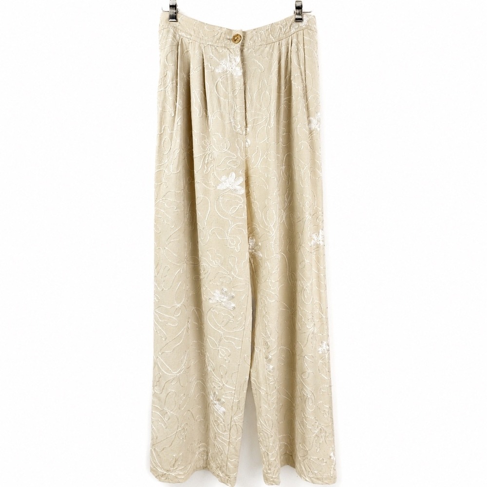 Vintage Lim's Silk Embroidered Wide Leg Pleated Trousers Ivory Shanghai Made Med